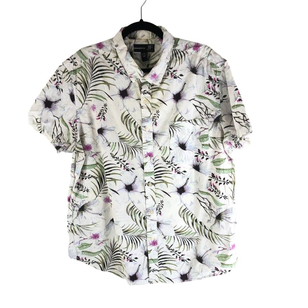 J.Ferrar Mens Slim Fit Floral Button-Down Hawaiian Shirt White Green XL